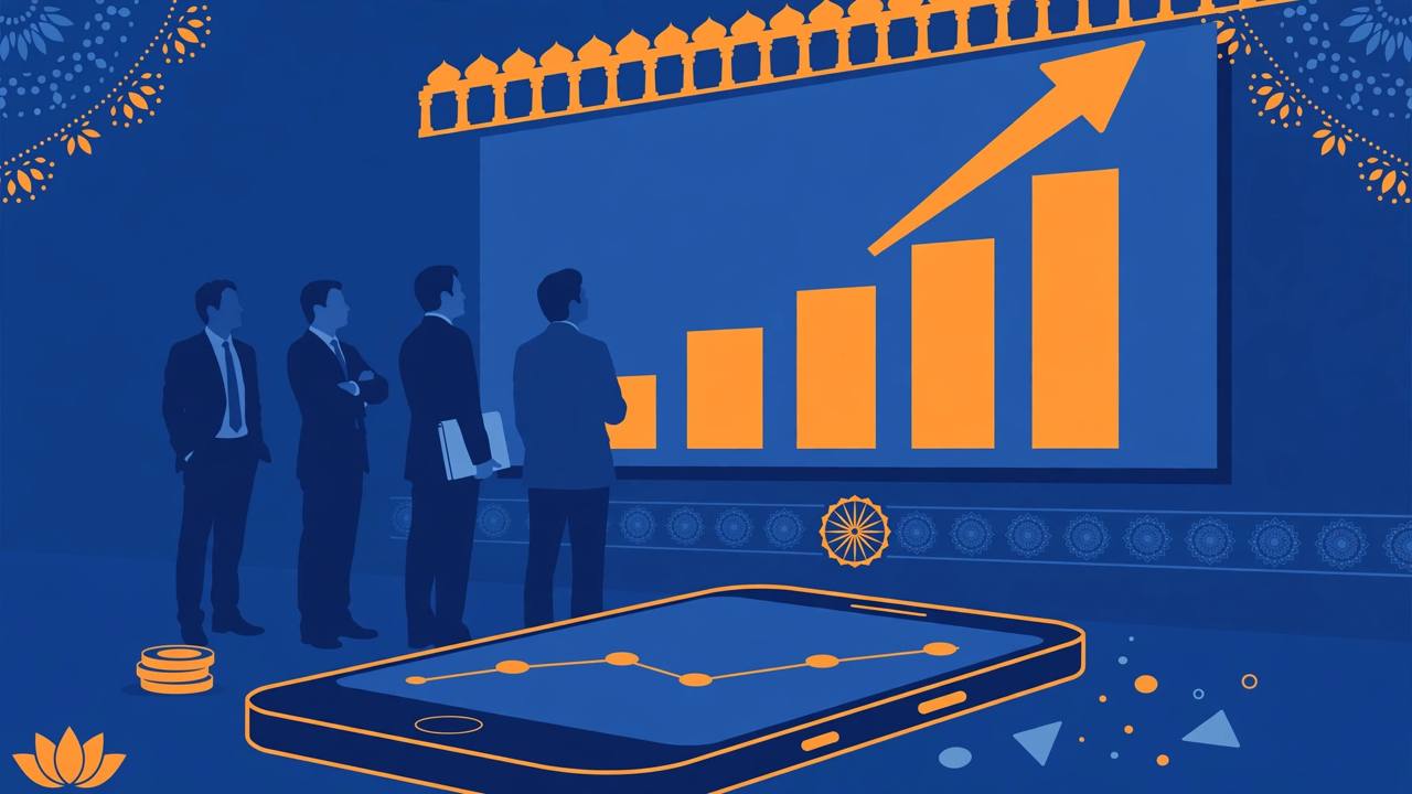 Editorial illustration of a stylised stock-exchange chart rising, with generic investors and a smartphone showing a generic chart — flat style, no text, no real person's face