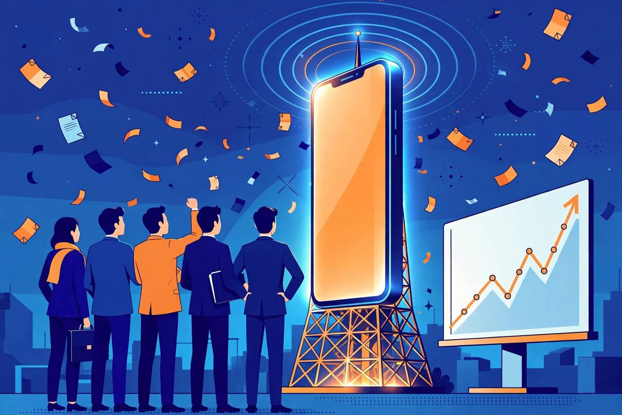 Editorial illustration of generic investors watching a giant glowing smartphone on a telecom tower beside a rising bidding chart, with application forms in the air