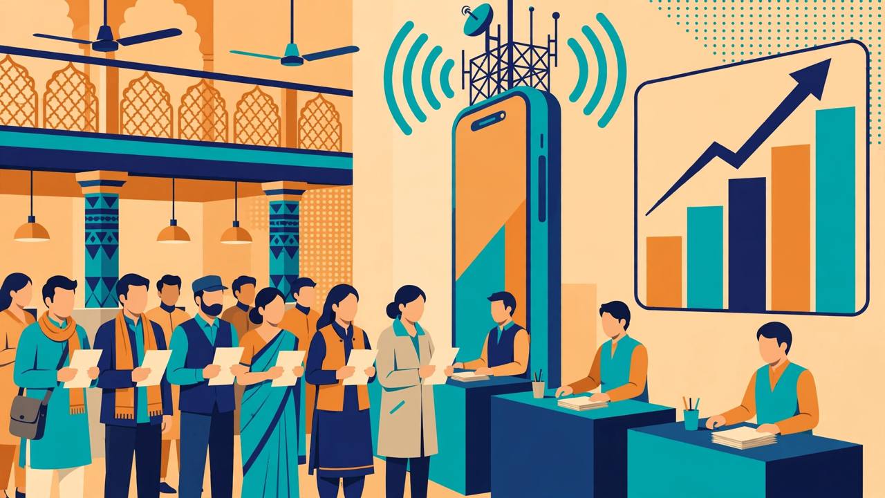 Editorial illustration of investors queuing with IPO application forms at counters in a hall, with a giant smartphone topped by a telecom tower behind them and a rising bar chart beside it