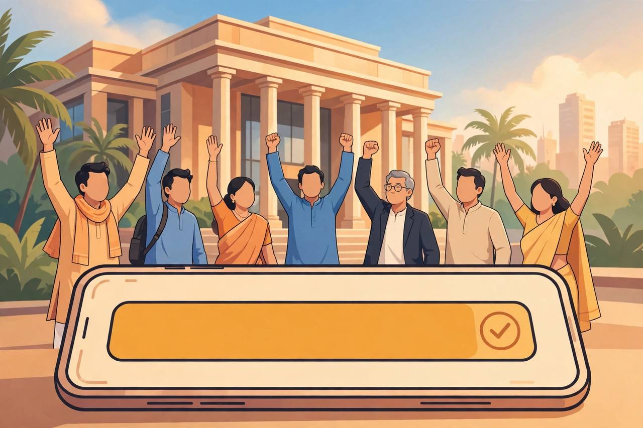Editorial illustration of generic investors celebrating outside a stock exchange building as a smartphone subscription bar fills completely