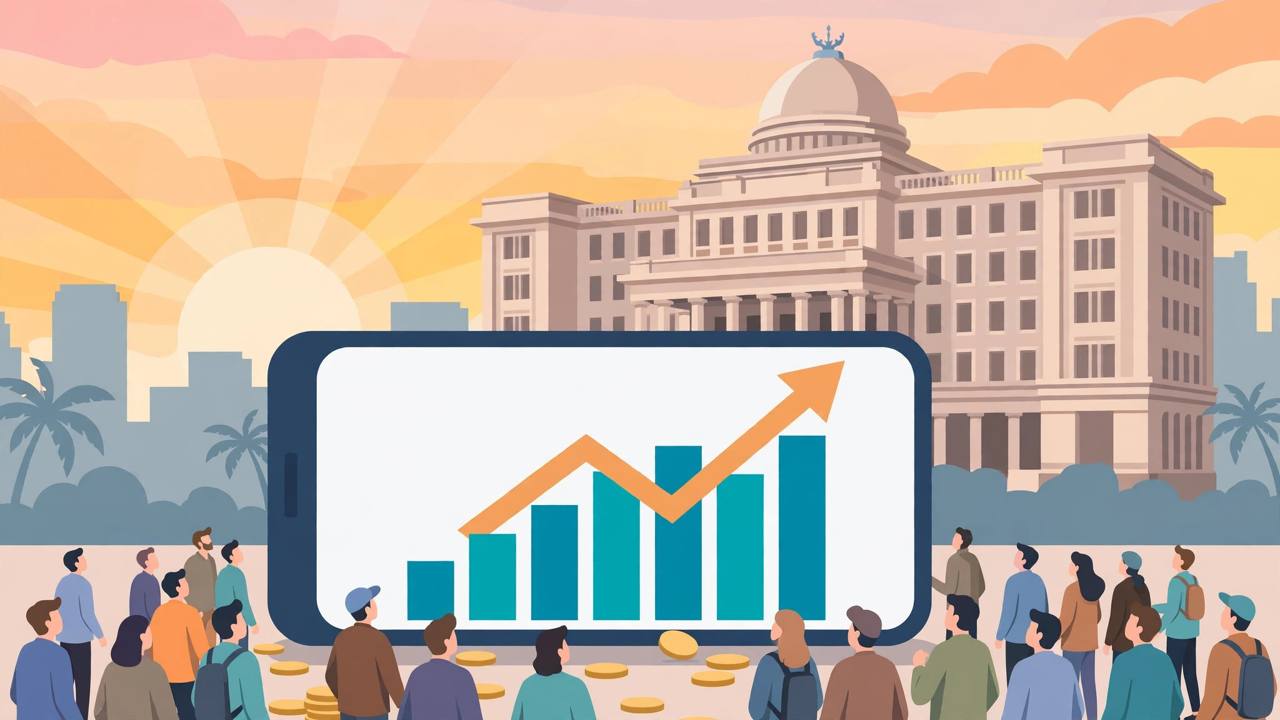Editorial illustration of a stock exchange building and a large smartphone showing a rising chart, with generic investors looking up