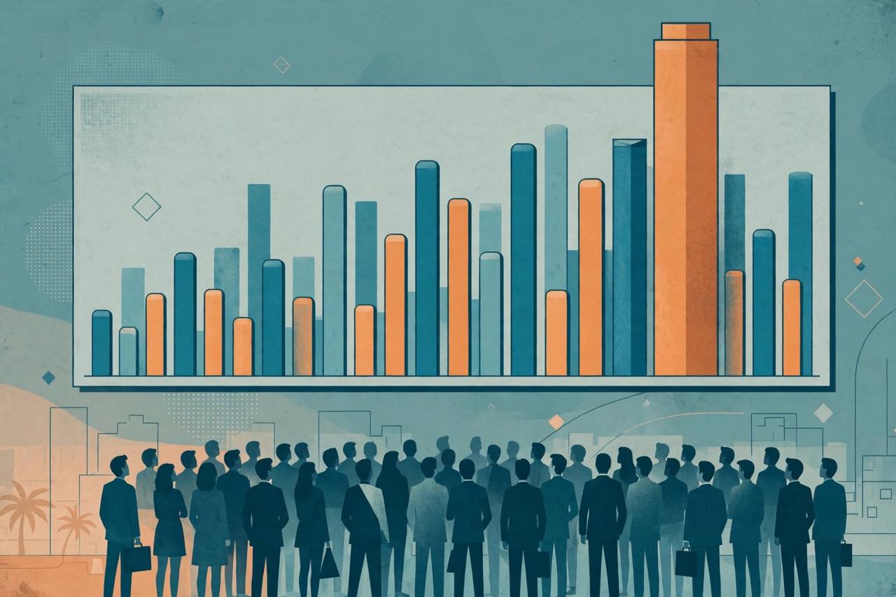 Editorial illustration of a stock-market subscription board with one tall institutional bar above smaller retail bars and generic investor silhouettes below