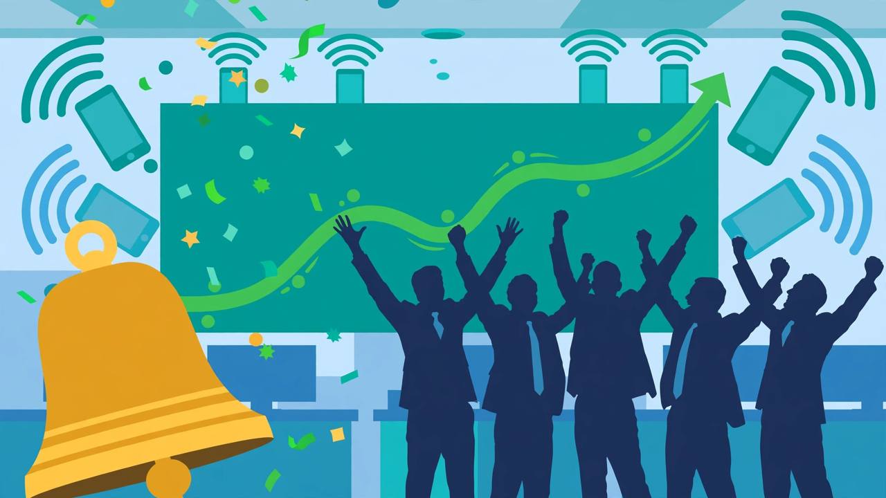 Editorial illustration of a stock exchange listing-day celebration: a large brass bell, generic traders cheering, a rising green chart, smartphones and signal waves (Editorial illustration)