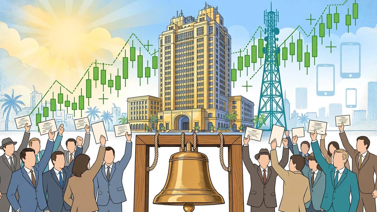 Editorial illustration of a Mumbai stock exchange building with a large listing bell, generic investors holding share certificates, green rising candlestick charts, a telecom tower and smartphone silhouettes