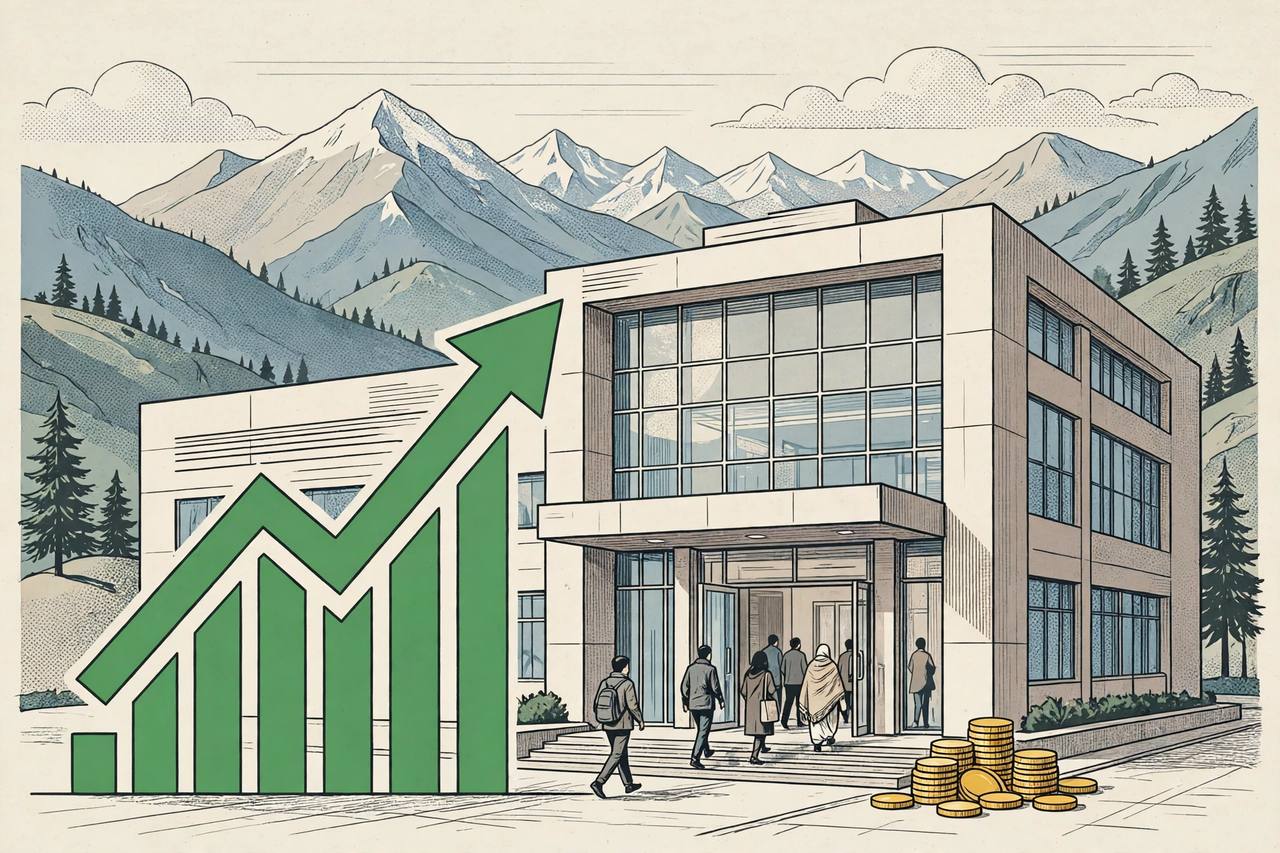 Editorial illustration of a bank headquarters in Srinagar with mountains behind, a rising profit chart and customers at the entrance