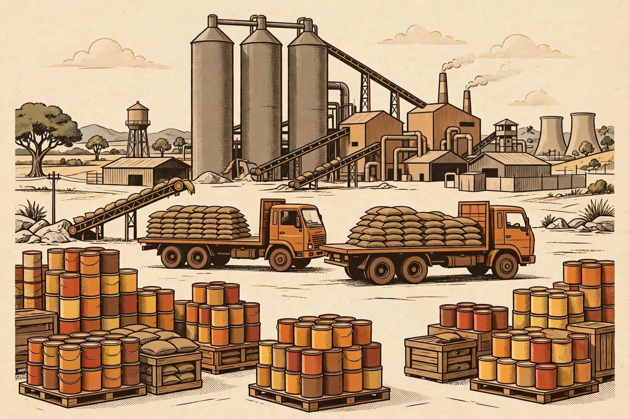 Editorial illustration of a cement factory with silos, trucks being loaded with cement sacks and paint cans in the foreground