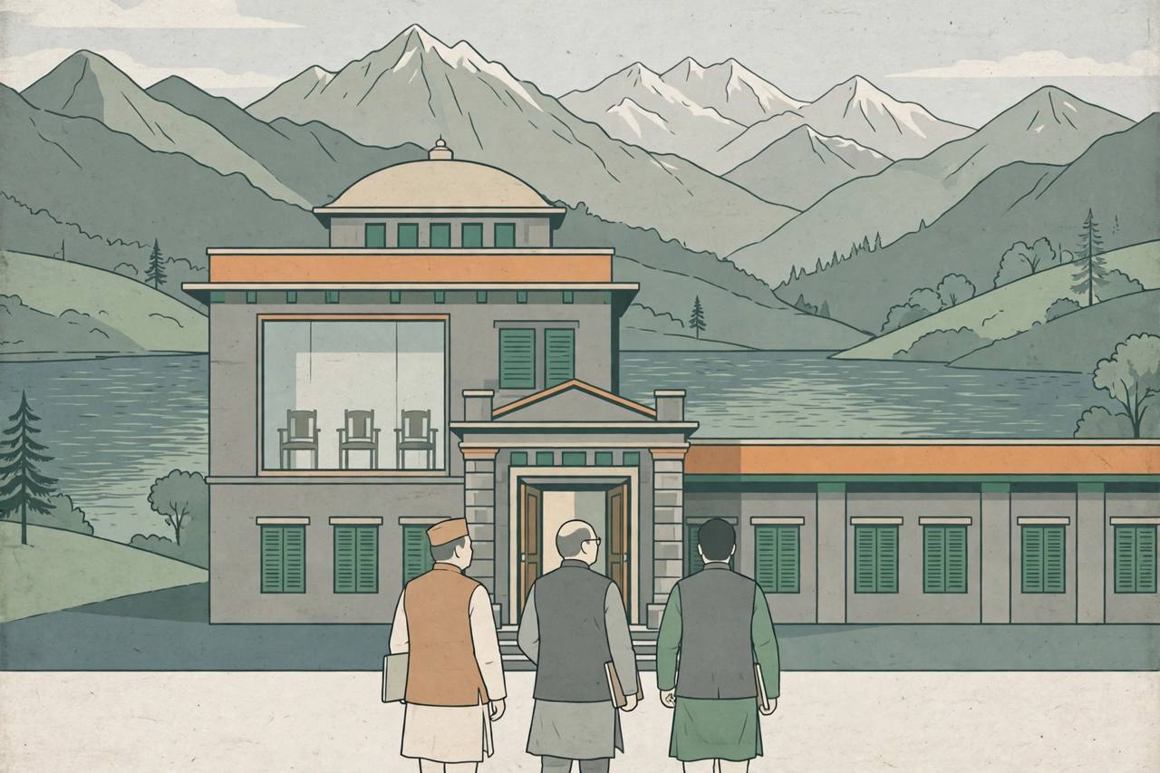 Editorial illustration of a government secretariat building in Srinagar with Himalayan mountains behind it and three empty chairs symbolising vacant ministerial seats; generic figures only, no real person depicted