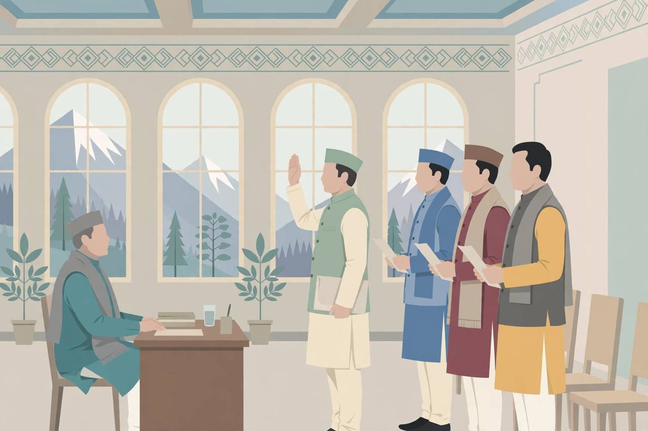 Editorial illustration of generic legislators at an oath ceremony in a Srinagar government hall