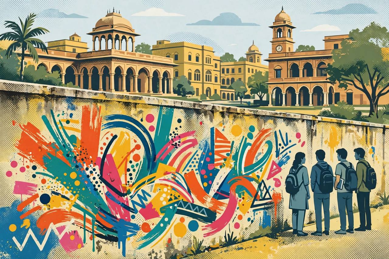 Editorial illustration of a university campus wall with abstract colourful graffiti strokes and generic students looking at it