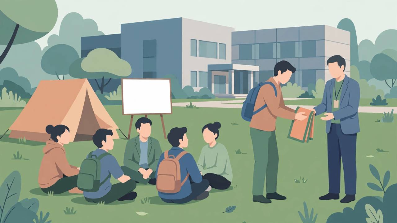 Editorial illustration of students ending a campus protest after talks with a university official