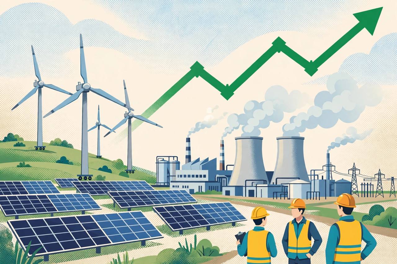 Editorial illustration of wind turbines, solar panels and a thermal power plant with a rising green growth arrow