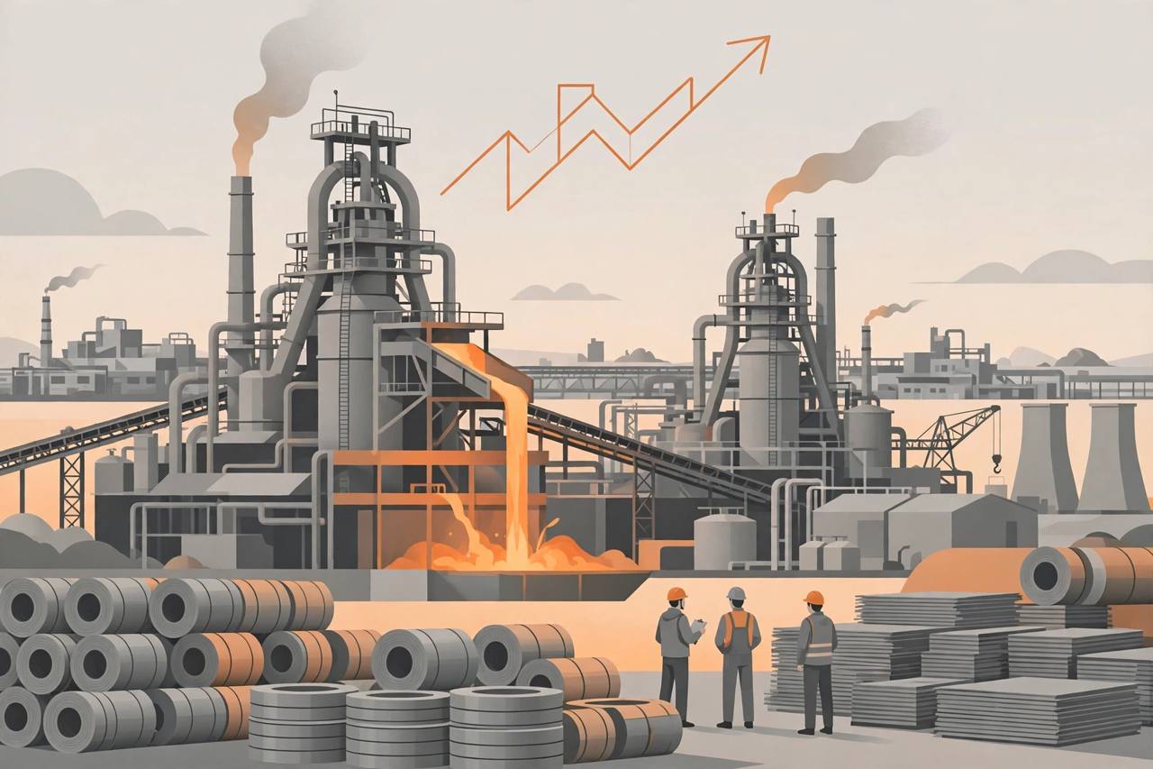 Editorial illustration of a steel plant with blast furnaces, molten steel and steel coils, generic workers