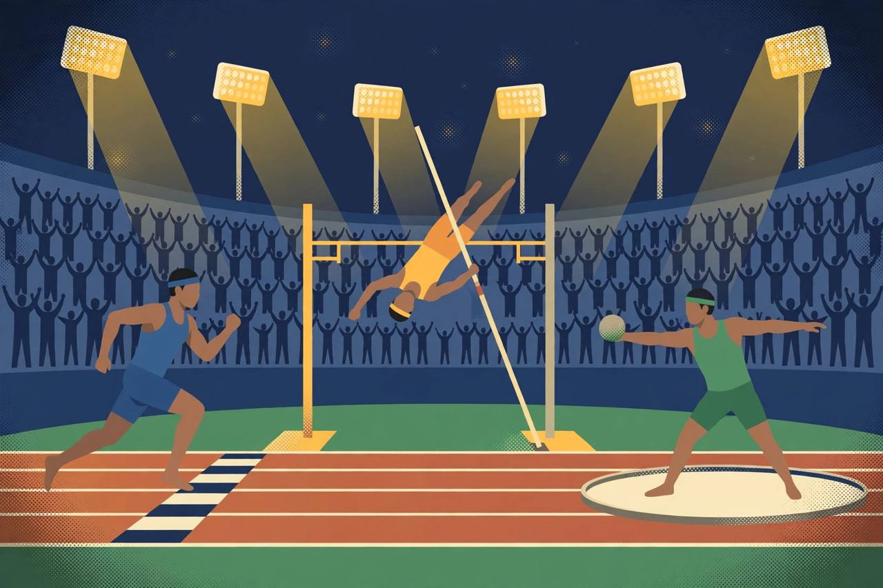 Editorial illustration of generic young athletes sprinting, pole vaulting and throwing shot put in a floodlit stadium