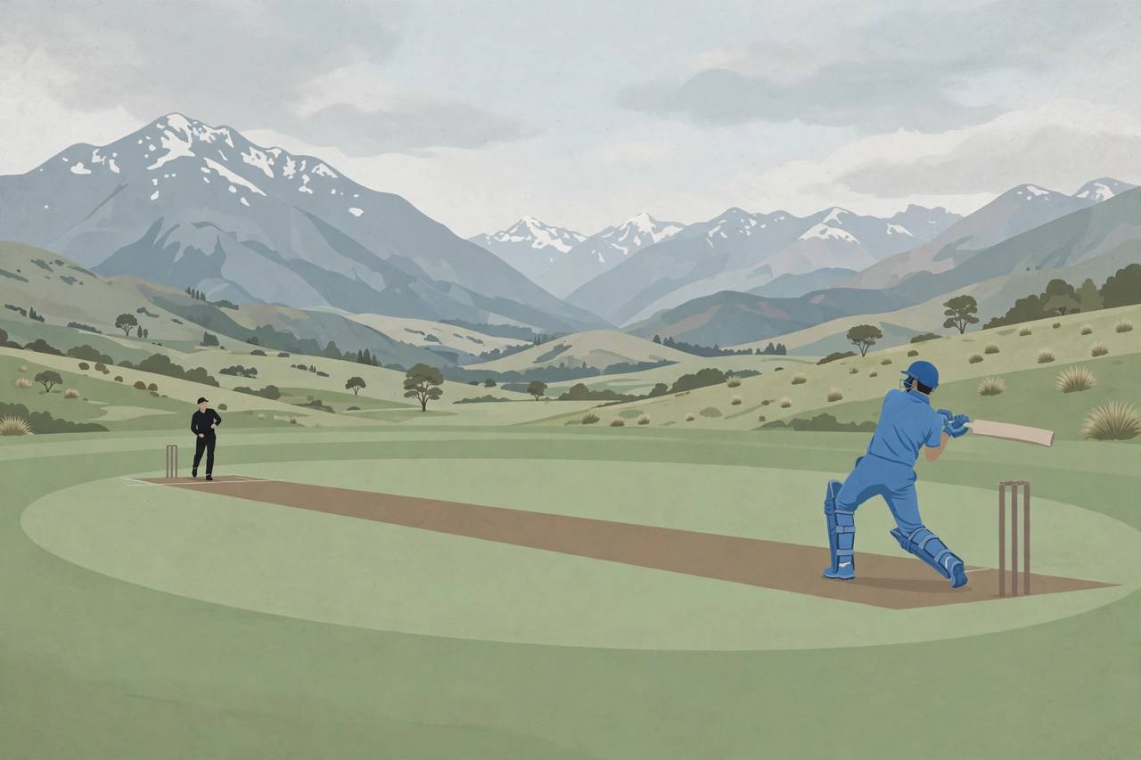 Editorial illustration of a generic Indian cricket batsman in a blue kit playing a cut shot at a green oval ground in New Zealand with mountains in the background
