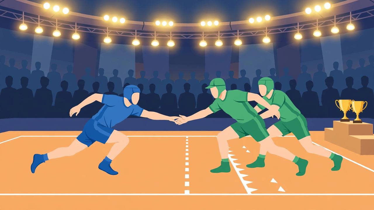 Editorial illustration of a kabaddi raider in blue India colours lunging across the midline of a kabaddi mat as defenders close in, with gold trophies beside the court