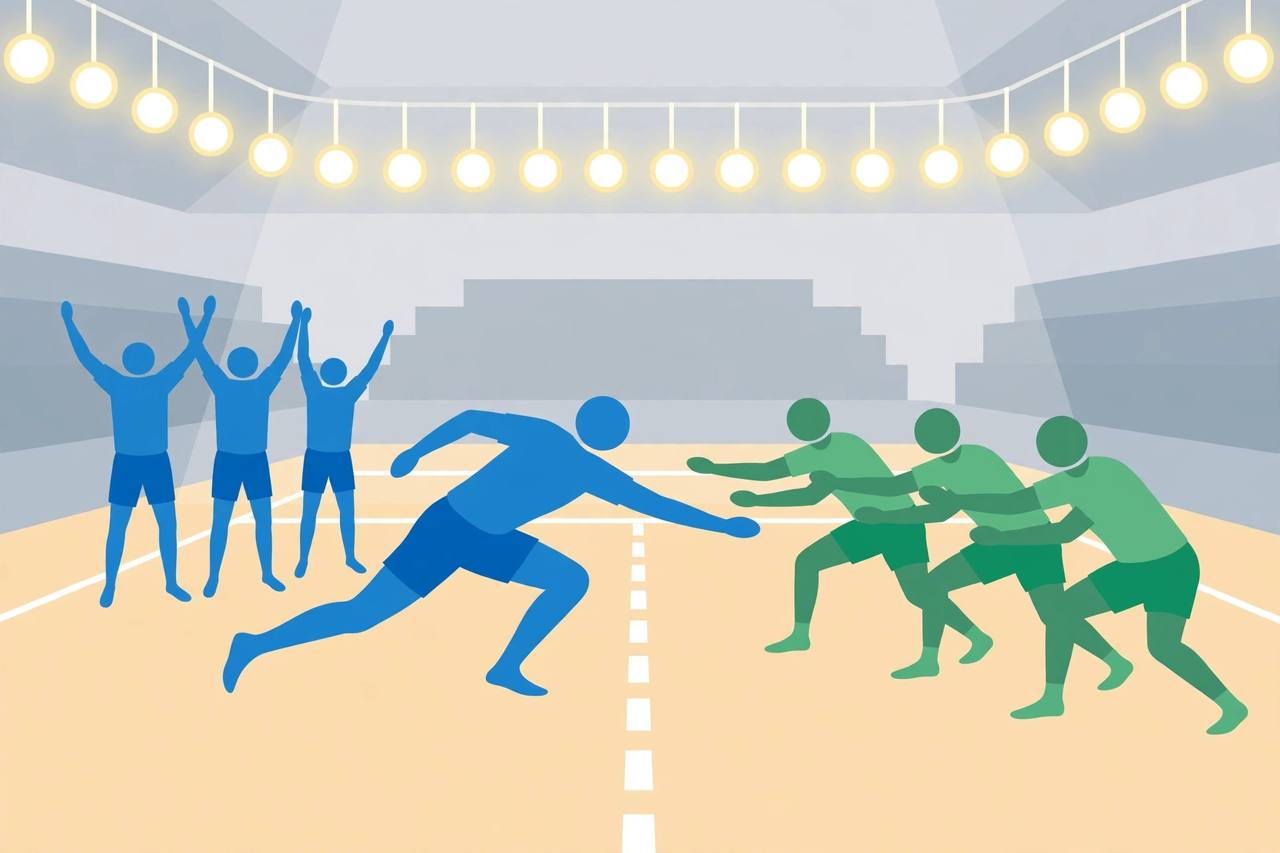 Kabaddi raider in blue lunging toward defenders in green in an indoor arena, teammates celebrating (Editorial illustration)