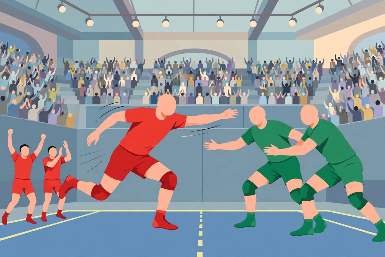 Kabaddi raider reaching toward defenders in an indoor arena with celebrating teammates (Editorial illustration)