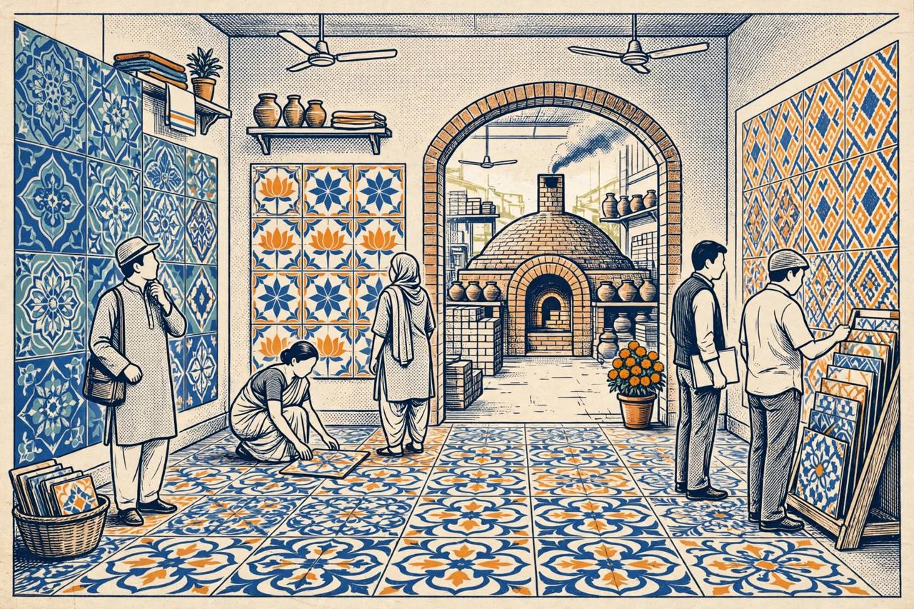 Editorial illustration of a bright showroom with decorative ceramic tiles on walls and floor and generic customers admiring tile patterns