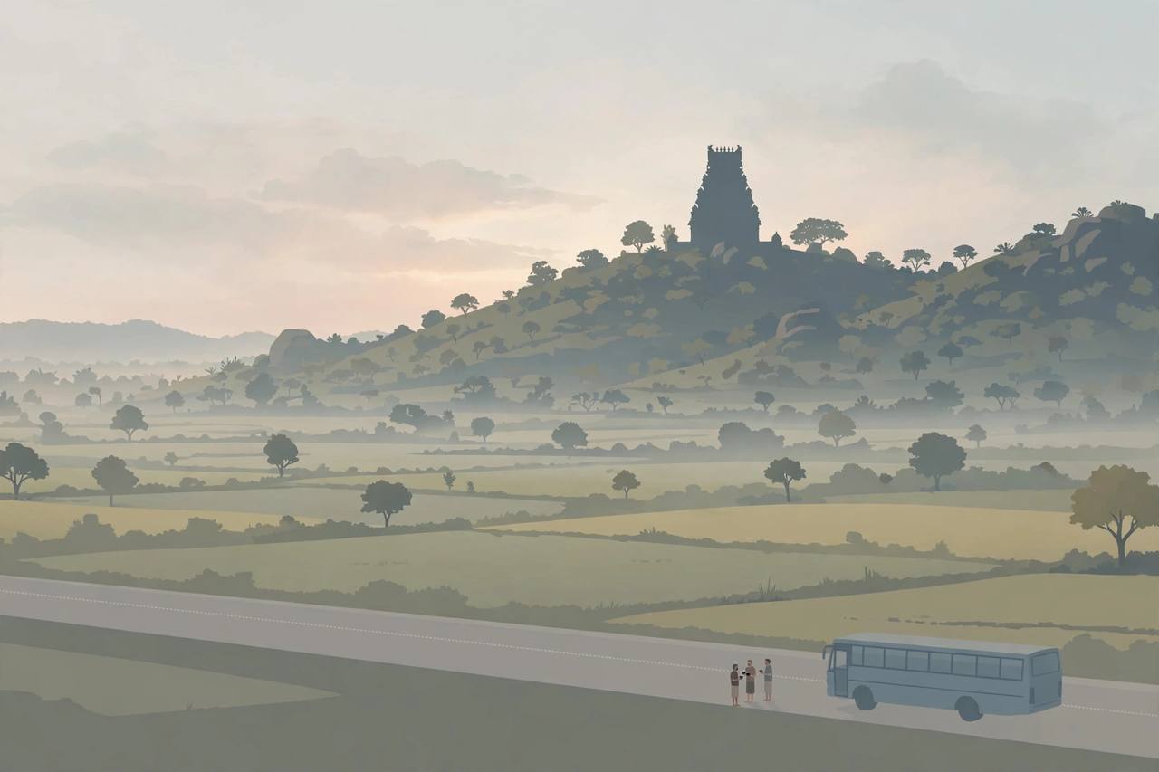 Editorial illustration of a temple hill at dawn with a quiet highway and a parked pilgrim bus at a distance — flat style, no text, no real person's face, no accident depicted