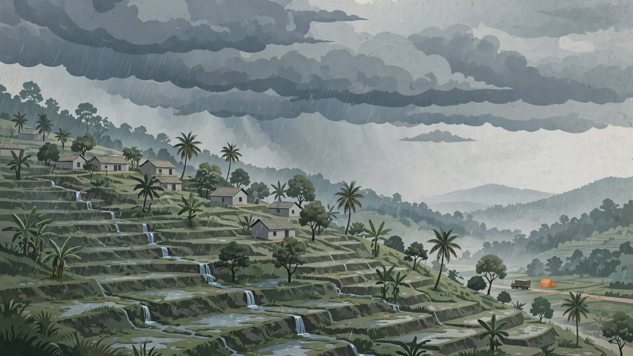 Editorial illustration of a rain-soaked terraced hillside village in Odisha under dark cyclone clouds, with a relief tent and truck in the distance