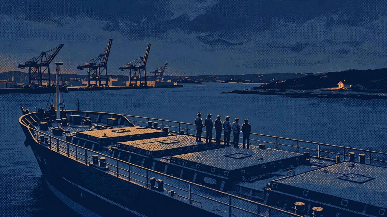 Editorial illustration of a cargo ship at anchor in a dark harbour at dusk with six generic seafarers standing on deck looking towards a distant shore, port cranes in the background