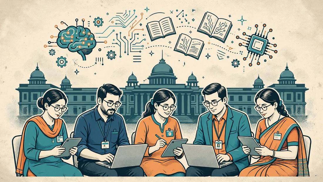 Editorial illustration of generic Indian government employees learning on laptops with abstract AI and book motifs above them