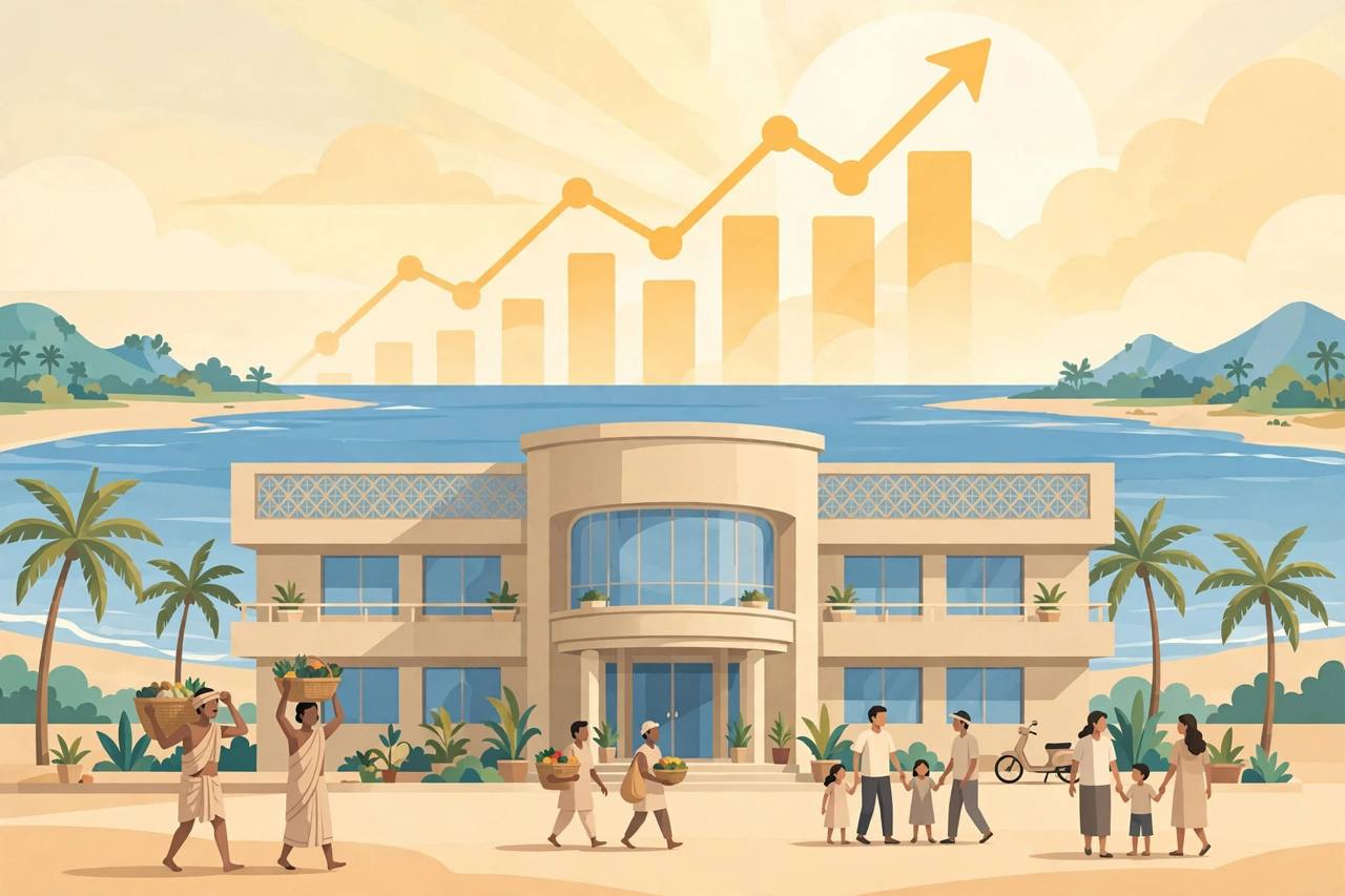 Editorial illustration of a coastal South Indian bank building with farmers, families and a rising growth chart