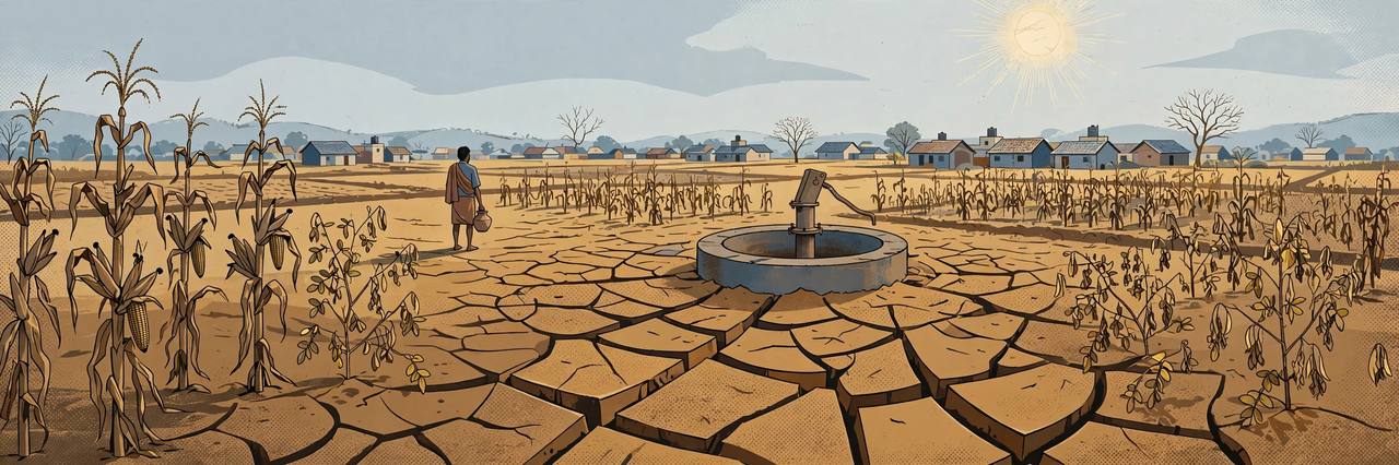Editorial illustration of a parched Karnataka farmland with cracked earth, a dry borewell and wilted crops under a harsh sun