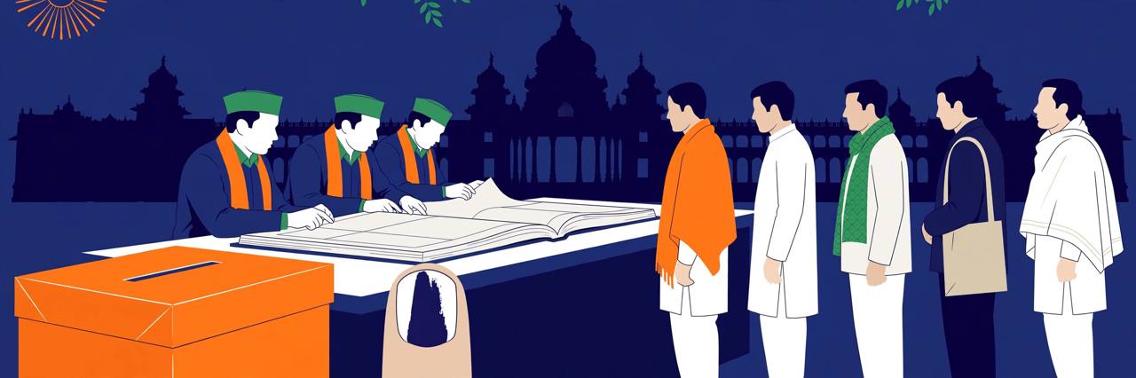 Editorial illustration of election officials checking a paper electoral roll while voters queue at a table