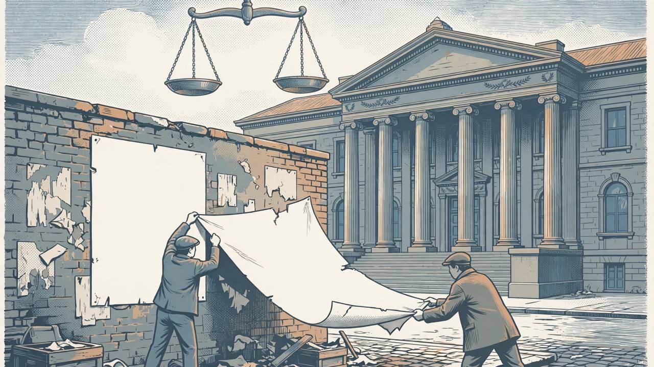 Editorial illustration of a high court building, a blank poster on a wall and scales of justice