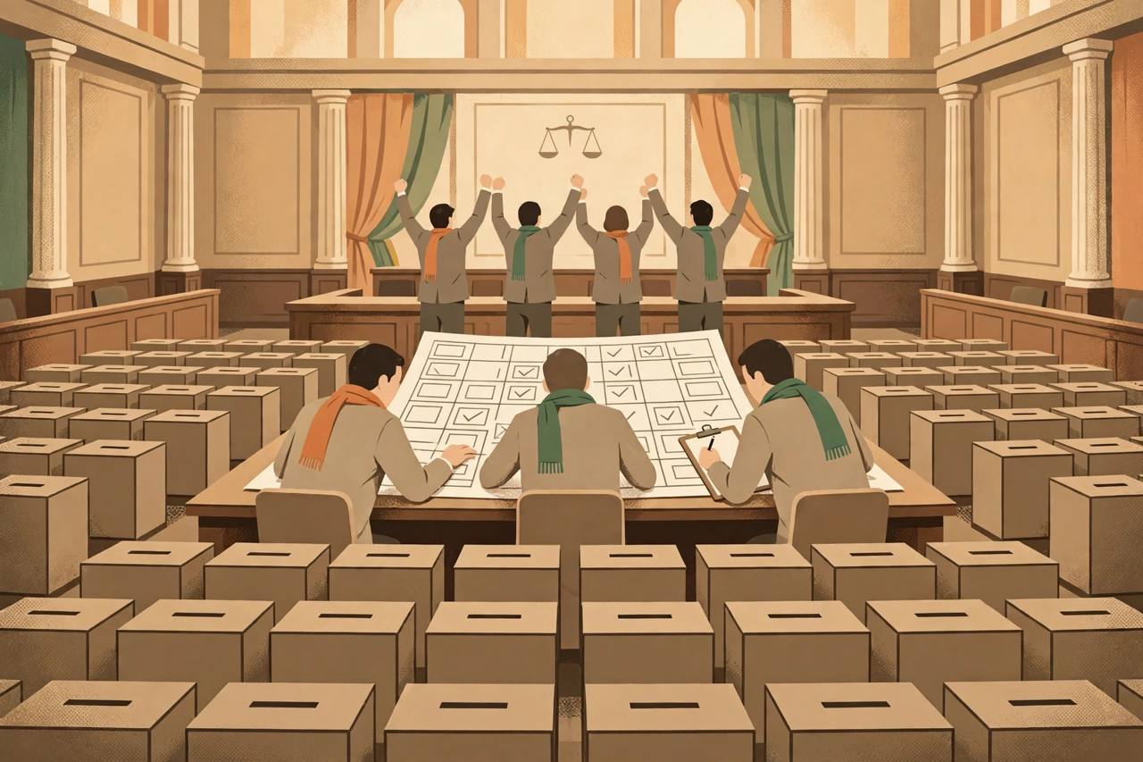 Editorial illustration of ballot papers being counted inside a legislative council chamber, with generic candidates seen from behind celebrating