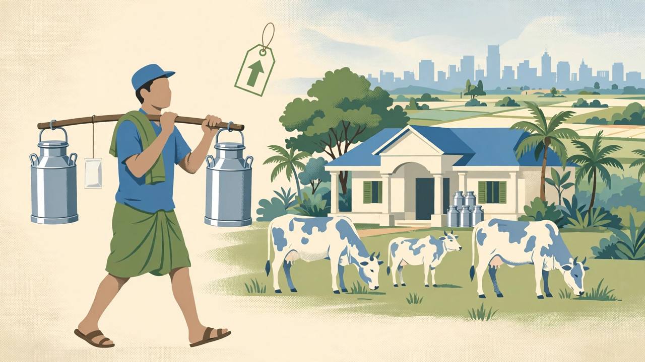 Editorial illustration of a Karnataka dairy scene with a milkman carrying steel cans, a milk packet, cows and a dairy cooperative building (Editorial illustration)