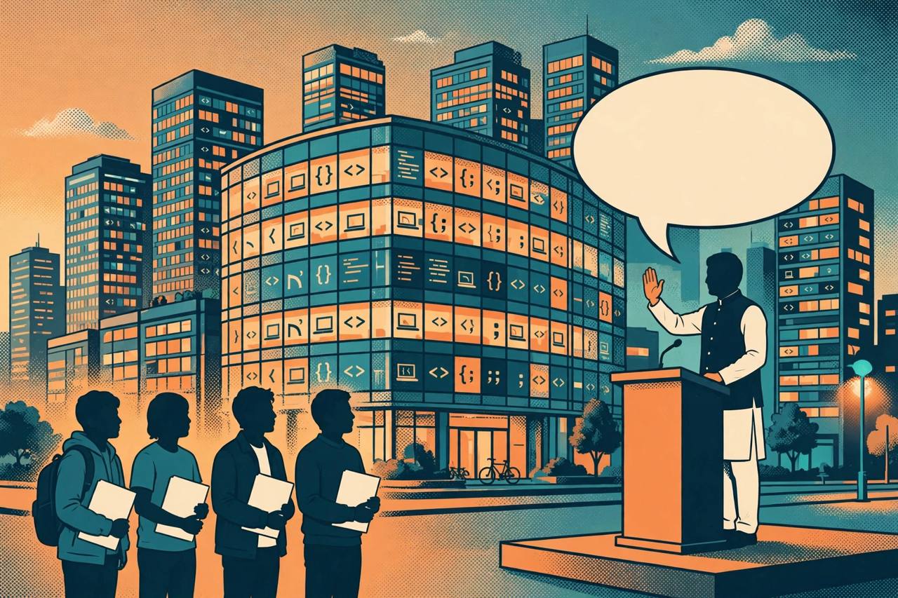Editorial illustration of job-seekers outside a Bengaluru IT building as a leader warns firms on hiring