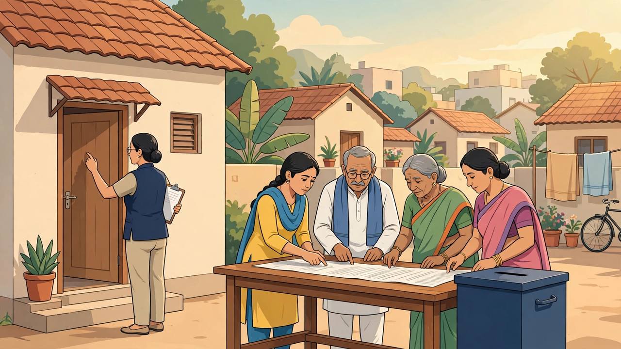 Editorial illustration of a booth-level officer verifying voters door to door while citizens check their names on a printed electoral roll