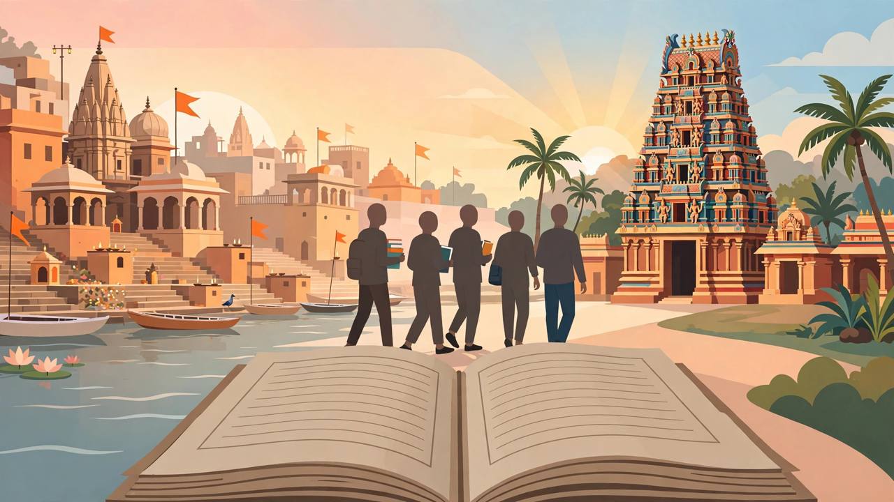 Editorial illustration of Varanasi ghats on the Ganga blending into a Tamil temple gopuram landscape with students carrying books, flat style, no text, no real people