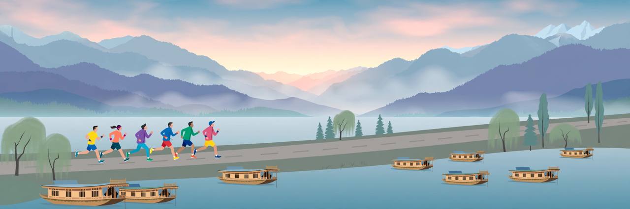 Editorial illustration of generic marathon runners along a lakeside road with mountains and houseboats in the background