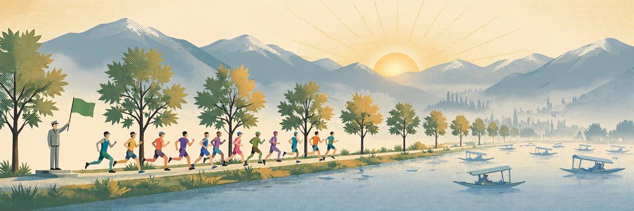 Editorial illustration of marathon runners at dawn along Dal Lake boulevard in Srinagar with chinar trees and mountains