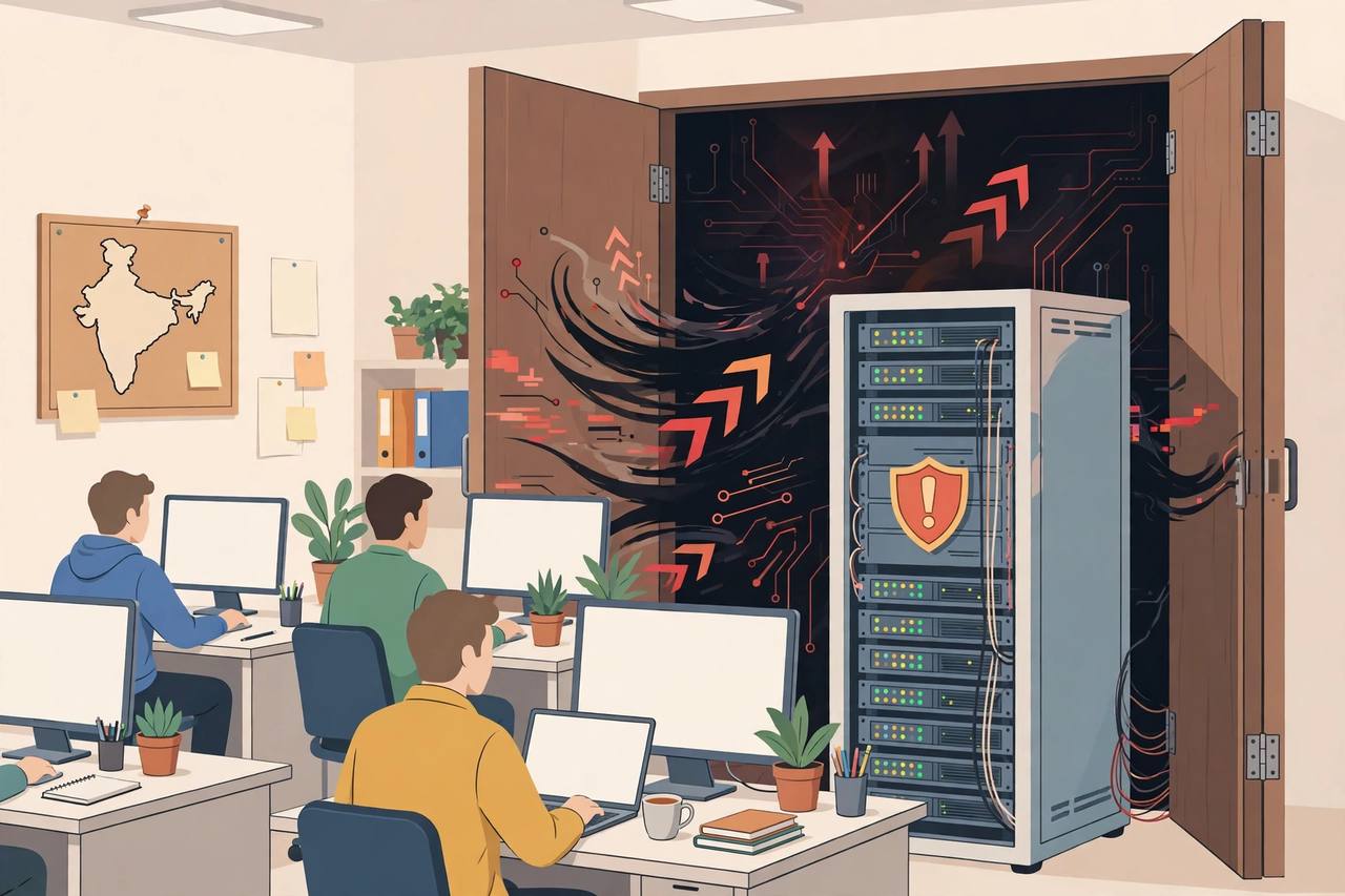 Editorial illustration of a small business office with computers and a hidden back door behind a server
