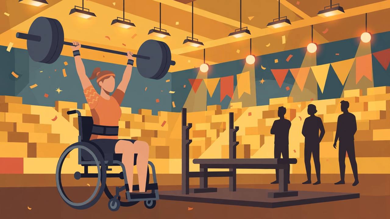 Editorial illustration of a generic woman para-powerlifter in a wheelchair lifting a heavy barbell in an indoor arena