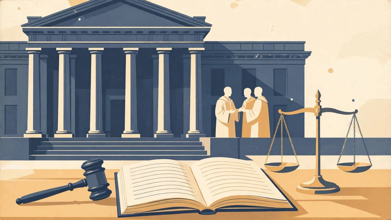 Editorial illustration of a courthouse with an open memoir book, a gavel and scales of justice, with generic faceless robed figures in discussion