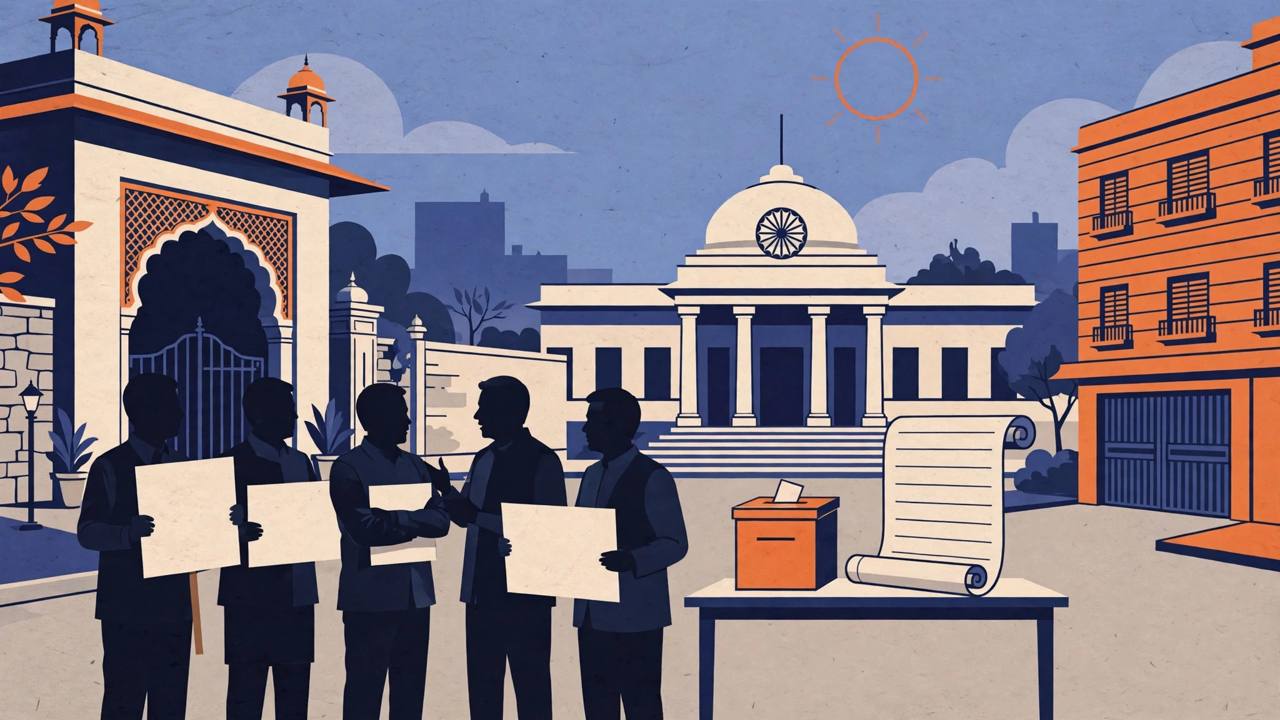 Editorial illustration of generic opposition leaders with blank placards outside a Delhi residence, with a ballot box and voter roll scroll and an election building in the background