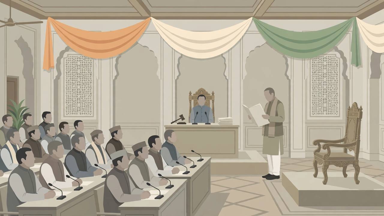 Editorial illustration of a parliamentary-style proceeding in a residential hall: a presiding chair at a raised desk, a senior figure reading a charge sheet, rows of seated opposition leaders and an empty ornate chair opposite