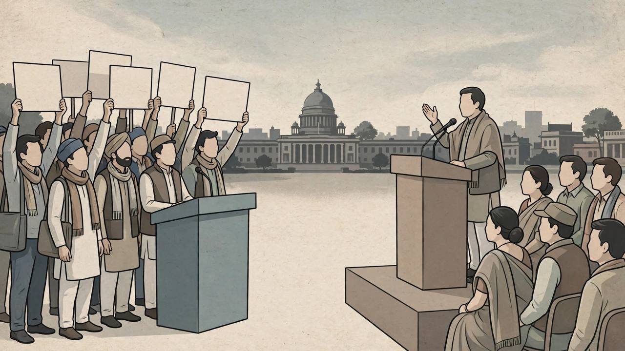 Editorial illustration of two generic political podiums facing each other, protest placards and a rally stage in Patna