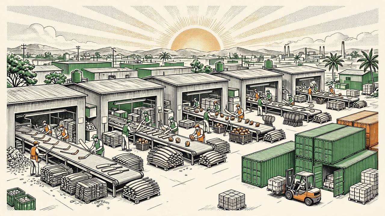 Editorial illustration of an Indian sports goods manufacturing zone with factories making hockey sticks, cricket bats and balls, and export containers in the foreground