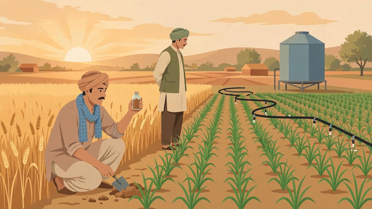 Editorial illustration of generic Indian farmers soil-testing in a rabi field with drip irrigation lines and a water tank