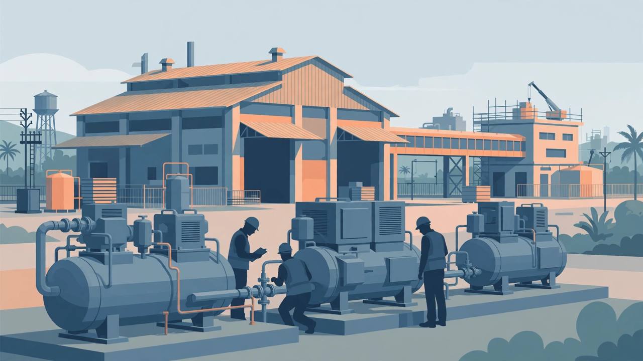 Editorial illustration of an industrial compressor factory with engineers and machines