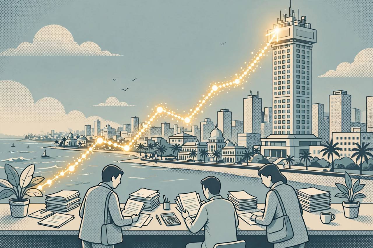 Editorial illustration of a bank headquarters tower with an upward growth chart and loan documents; no real person depicted