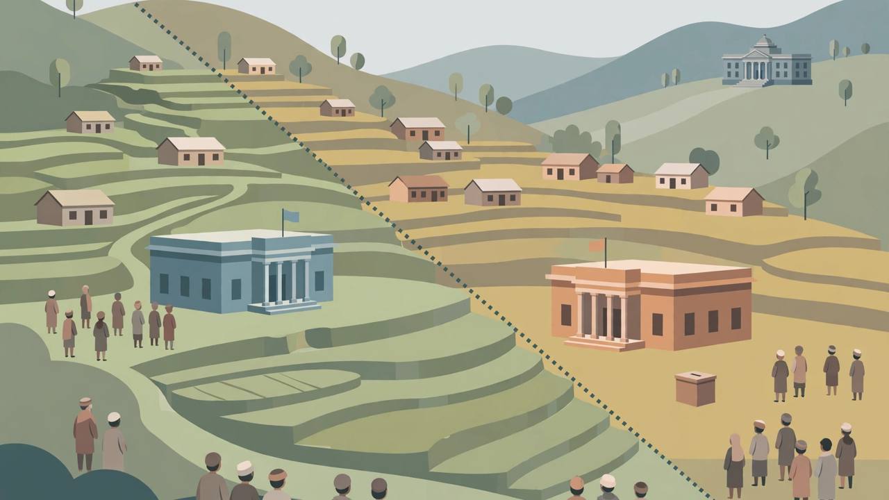 Editorial illustration of a disputed hill village on a state border with a dotted boundary line, a ballot box and a distant courthouse