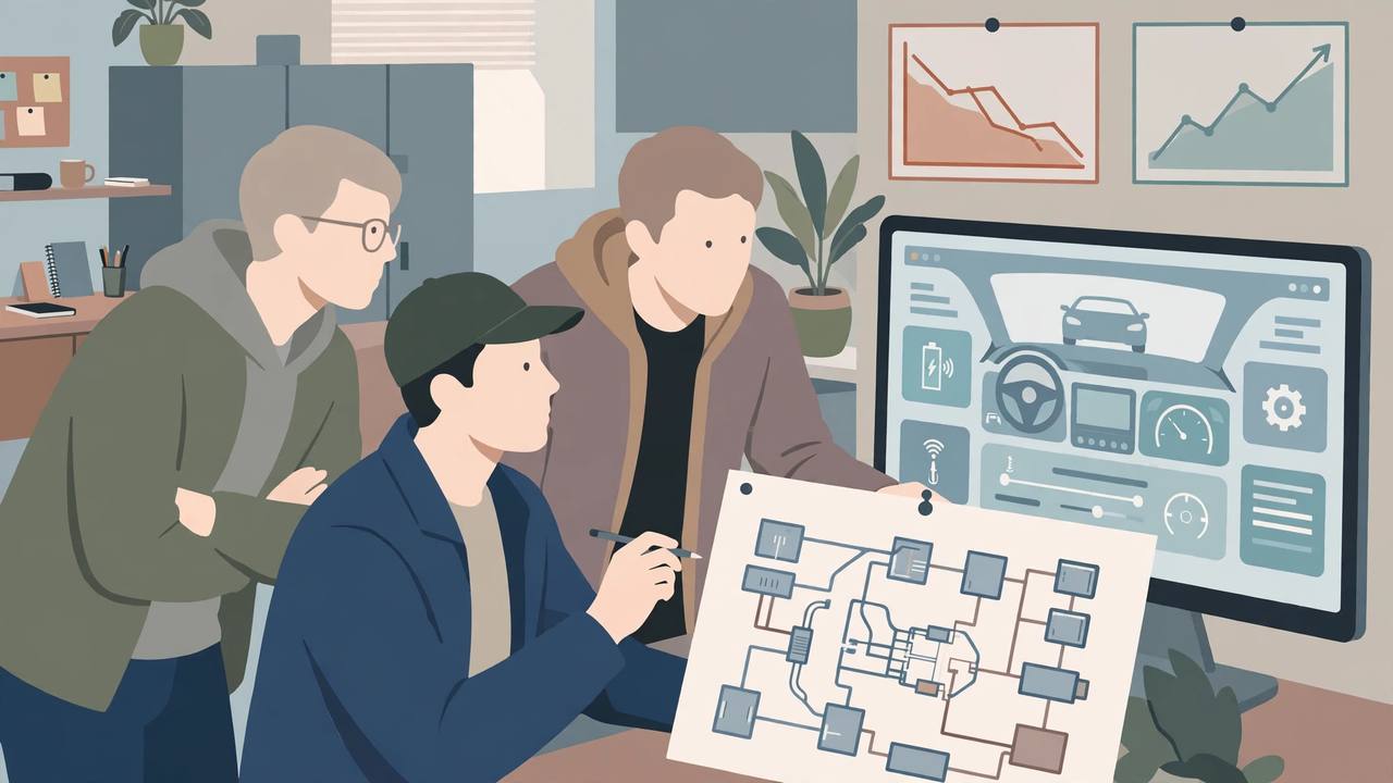 Editorial illustration of generic engineers in an automotive software office with a car dashboard screen, a falling profit chart and a rising revenue chart