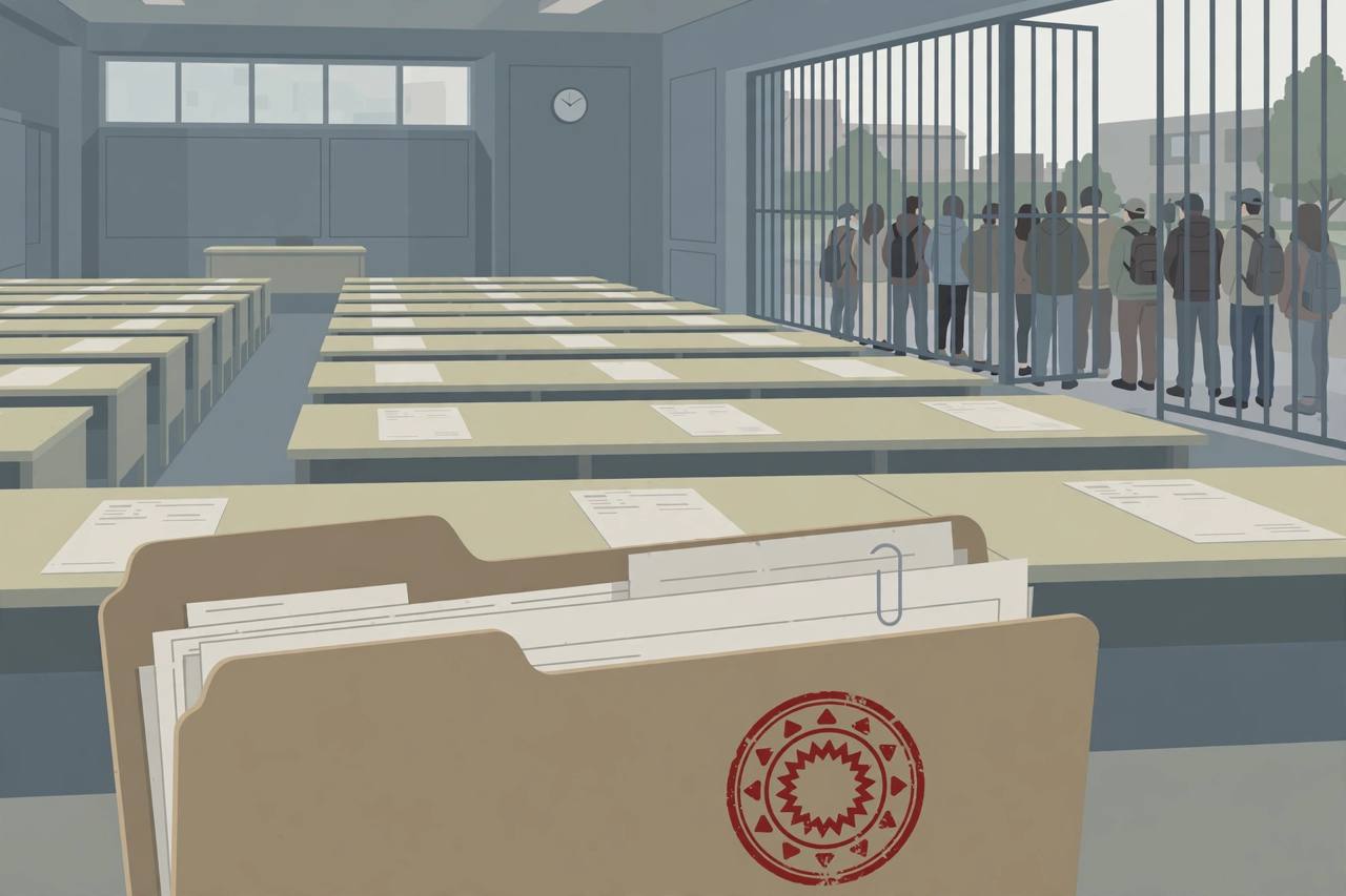 Editorial illustration of an examination hall with answer sheets and an official file bearing a red stamp in the foreground, generic candidates waiting outside; no real person depicted